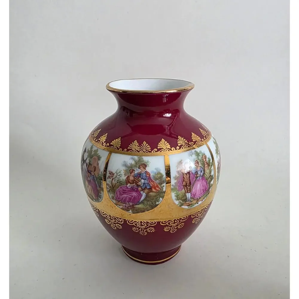 J.K.W Bavaria Western Germany Porcelain Vase Burgundy Gold Floral 5